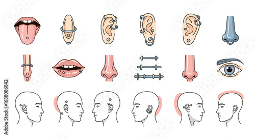 Collection of body piercing illustrations featuring various ear and facial jewelry placements with anatomical diagrams showing human head and body parts
