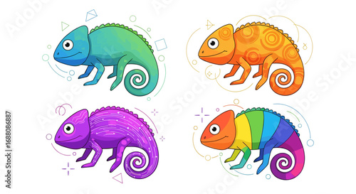 Adorable chameleons displaying vibrant colors and unique patterns for children's designs