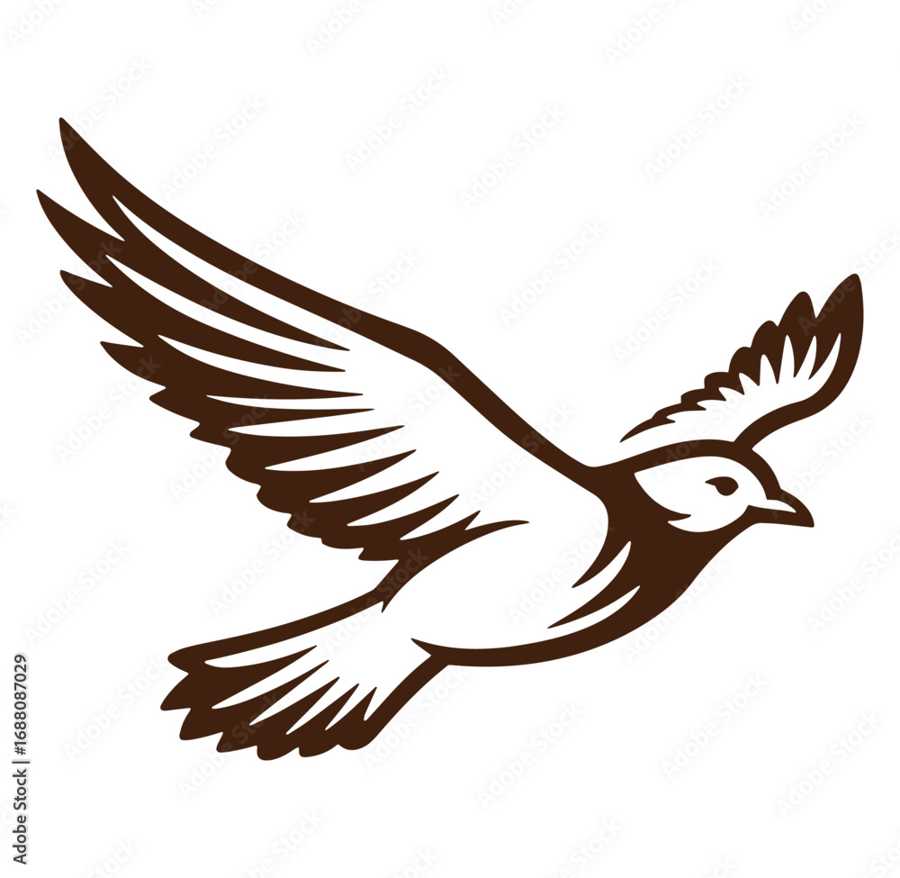 Fototapeta premium Silhouette of a brown bird in flight depicting freedom and peace against white background