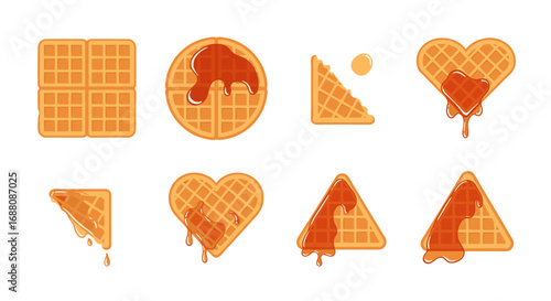 Delightful collection of various waffle shapes drizzled with golden syrup a delicious breakfast treat