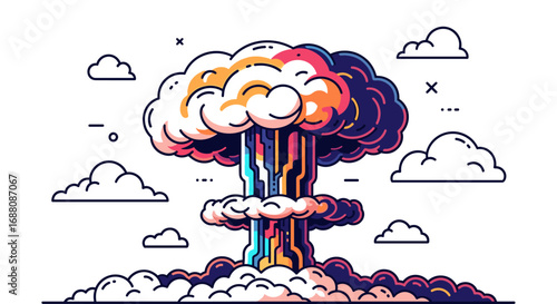Explosive colorful cloud mushroom shape representing a powerful explosion against a white background with stylized clouds