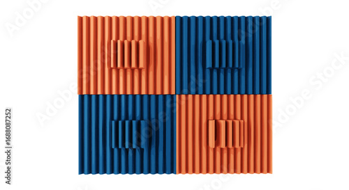 Modern geometric wall art featuring contrasting orange and blue panels with raised square motifs