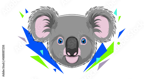Energetic australian koala face surrounded by dynamic abstract shapes and vibrant colors representing fun and excitement