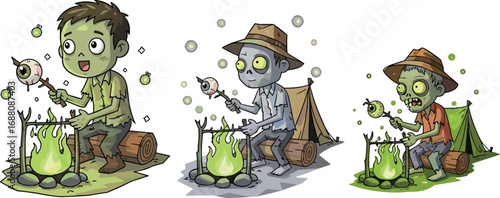 Zombie camping cartoon, creepy undead cooking eyeballs, horror campfire illustration, scary outdoor night scene, Halloween monster roasting food, spooky survival artwork
