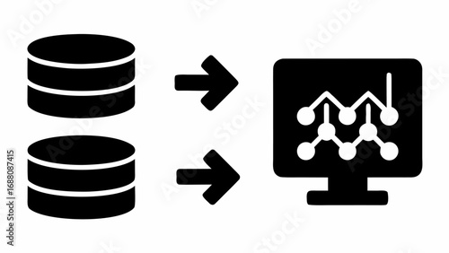 Illustration of data flowing from two database icons via arrows to a computer screen displaying a graph silhouette