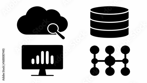 Illustration of cloud computing with search, database storage, monitor graph, and network connection icons silhouette
