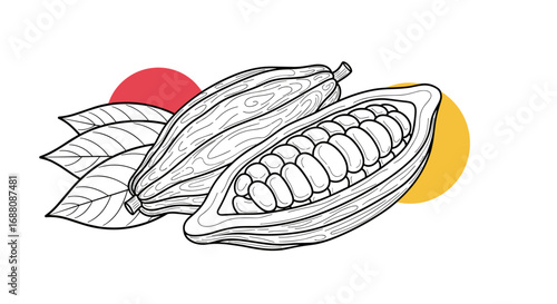 Delicious cacao pods freshly harvested with leaves growing on the tree producing a rich flavor for chocolate making