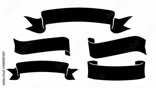 Collection of five black banner shapes with varied designs on a white plain background display image silhouette