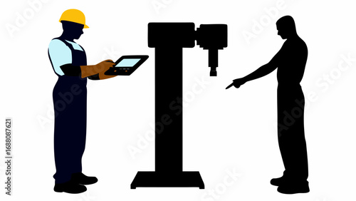A worker in overalls and hardhat using a tablet near a machine with another worker pointing at it silhouette