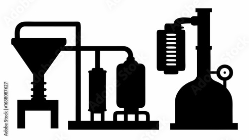 Silhouette illustration of a chemical processing plant with tanks and distillation equipment shown in black
