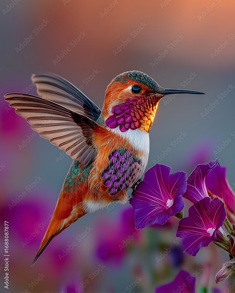 Naklejka premium Beautiful hummingbird feeding on flowers high resolution photo