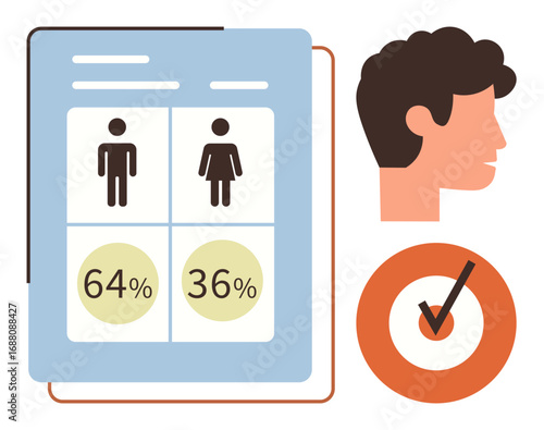 Statistics page with gender-based percentage data, male profile, and circular target with checkmark. Ideal for analytics, demographics, surveys, equality, success metrics, data visualization simple