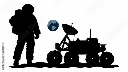 Silhouette of astronaut standing next to rover with earth in background on white surface view scene