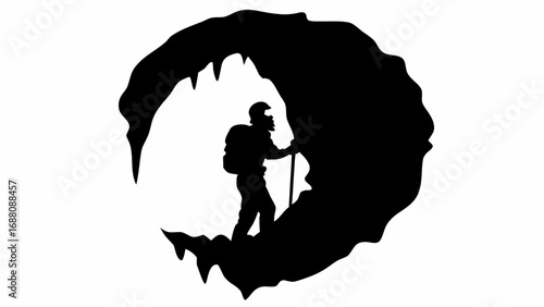Silhouette of a hiker with backpack and walking stick entering a dark cave with stalactites and stalagmites
