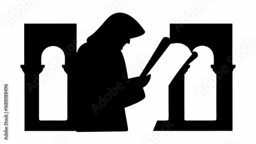 Silhouette of a monk reading a scroll standing between two arched windows in a black and white image