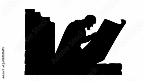 Silhouette of a man in a cloak reading a scroll next to a brick structure with steps in black and white