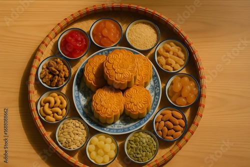 A tray of Moon cakes with small bowls of ingredients