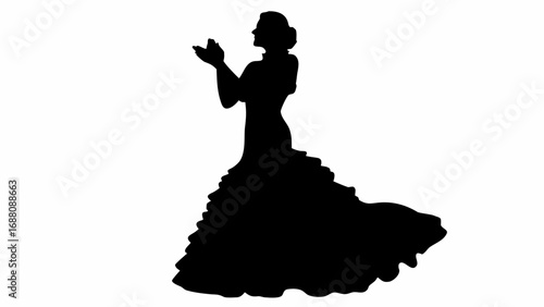 Silhouette of a woman in a flamenco dress with hands raised in a gesture of clapping or appreciation