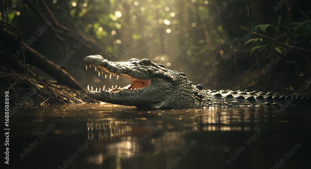Fototapeta premium Alligator in water with sunlit reflection