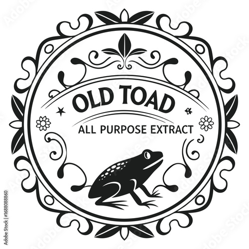 Black and white circular ornate frame with a toad and Old Toad All Purpose Extract text frog amphibian