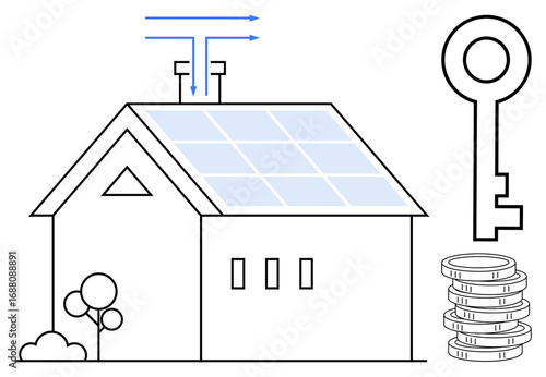 House with solar panels, airflow arrows, coins, and key symbolizing renewable energy, eco-living, financial savings, and property ownership. Ideal for sustainability, green energy finance