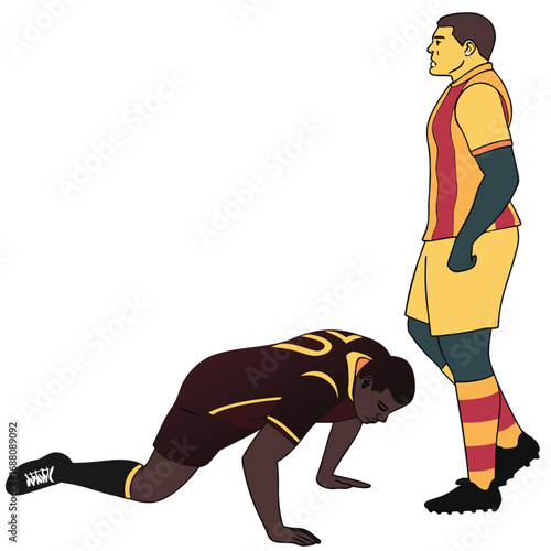 A soccer player as a defensive lineman in a unique tackle pose, a powerful and action-oriented graphic of defense and strength. Ideal for sports training materials or posters.