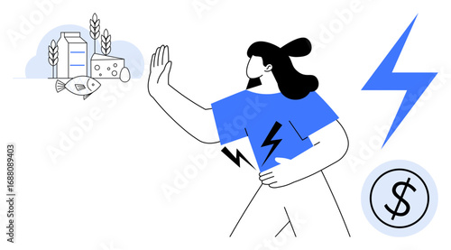 Woman gesturing to avoid allergenic foods thumbs up fish, milk, wheat. Features lightning bolt for energy, dollar cost symbol, and agricultural elements. Ideal for food sensitivity, health, diet