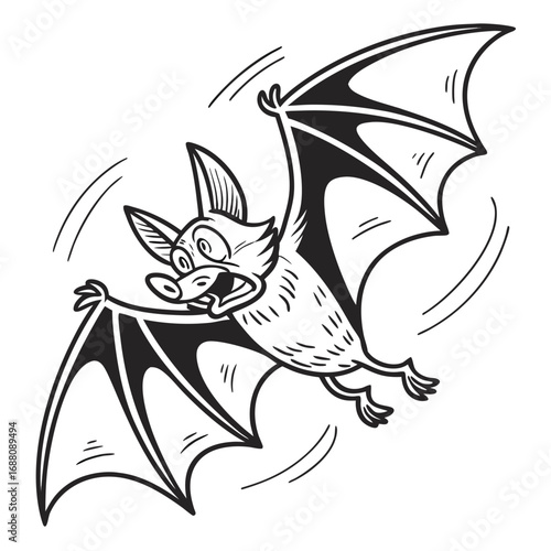 Cartoon bat with wide wings flying in a dynamic pose on a white background comic character