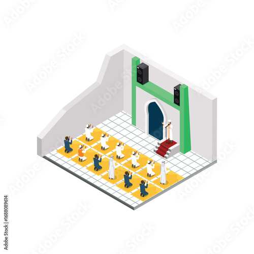 Isometric Activity Read the Qur'an in the month of Ramadan which is full of blessings Illustration in Blue Isolated Background With People and Digital Related Asset