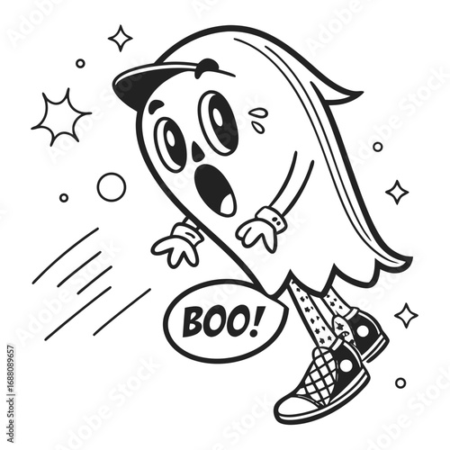 Cartoon Ghost Character with Cap and Sneakers Saying BO on White Background halloween spooky