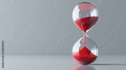 Hourglass with red sand isolated on grey background symbolizing time countdown urgency patience deadline and life concept