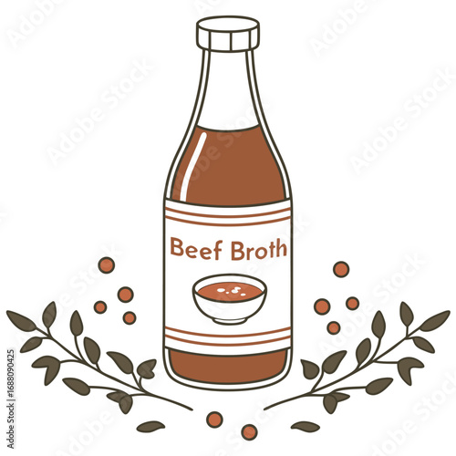 A vector art illustration of a bottle of beef broth, representing culinary ingredients, soup, and stock. Ideal for recipe visuals or food-related projects.