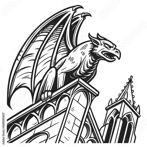 Gargoyle perched on gothic architecture with wings spread in black and white illustration monster