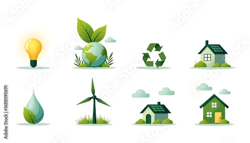 Eco friendly sustainability icons collection renewable energy solutions