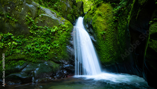Lush Green Waterfall Cascading Over Moss Covered Rocks In Forest nature