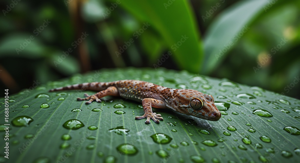Obraz premium Gecko on leaf with water droplets
