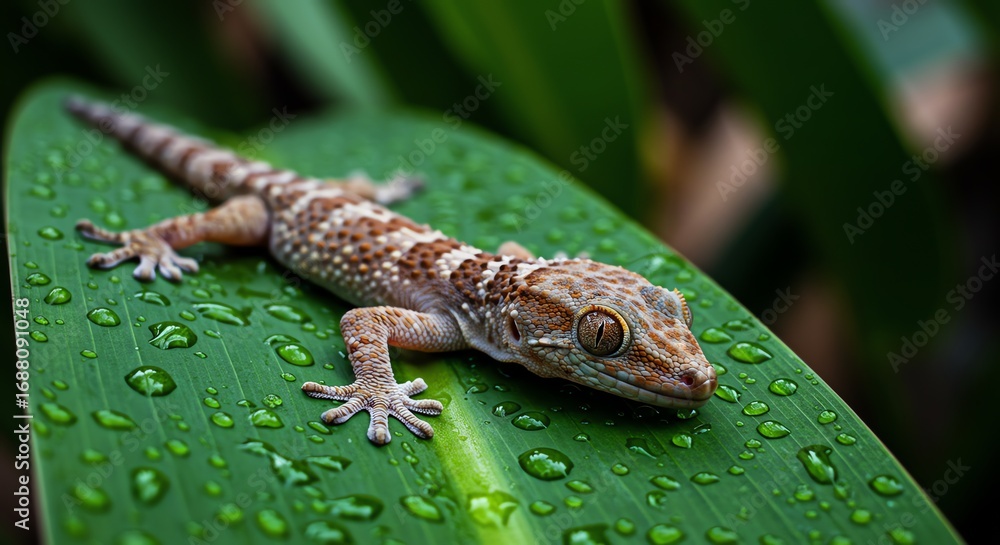 Naklejka premium Gecko on green leaf with water droplets