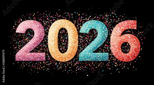 Colorful Glittery 2026 on Black Background - New Year Celebration