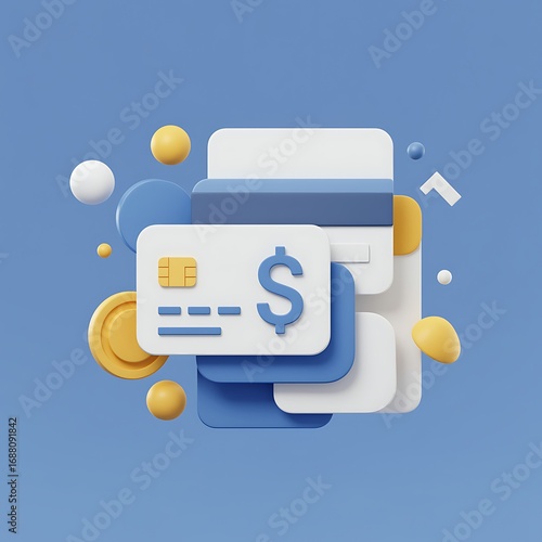 3D Rendering of Credit Cards and Coins with Dollar Sign Depicting Finance and Payment Methods on Blue Background