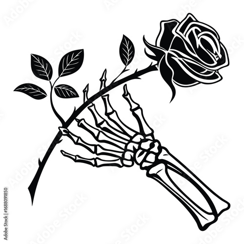 Skeleton Hand Holding a Black Rose with Thorns and Leaves on White Background vector illustration