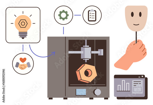 3D printer creating an object alongside icons for bright ideas, collaboration, settings, and data monitoring. Ideal for technology, innovation, product design, creativity, manufacturing teamwork