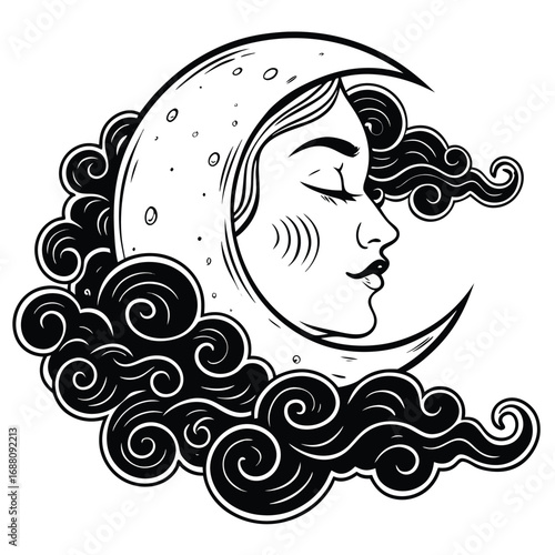 Stylized crescent moon with a serene face nestled among swirling clouds in a black and white illustration