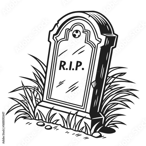 Vintage RIP tombstone gravestone with grass and stones in black and white illustration death cemetery