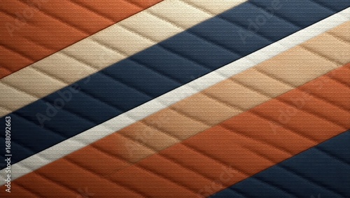 Diagonal stripes of textured fabric in shades of burnt orange, beige, navy, and off-white, creating a quilted or channel-tufted effect