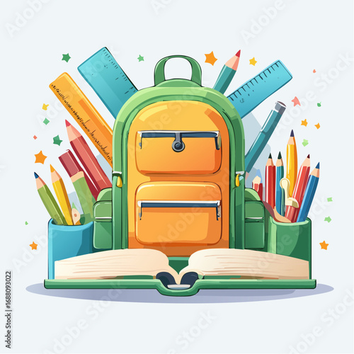 Back to School Essentials: Colorful illustration showcasing a backpack, notebook, pencils, and rulers, representing the joyful beginning of a new school year, or a creative educational concept.