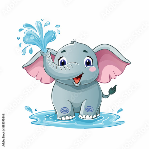Playful Elephant and Water Splash: A delightful illustration of a cartoon elephant enjoying a playful water splash, evoking joy and fun in this charming scene.