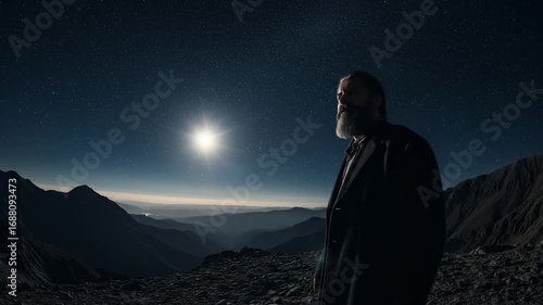 Wallpaper Mural Bearded Man Contemplates Starry Night Sky Over Mountain Range - Cinematic Vision Torontodigital.ca