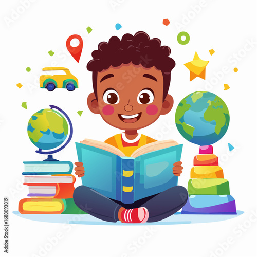 Young Scholar's Literary Journey: A delightful illustration of a young, smiling child engrossed in a book, surrounded by educational elements like globes, stacks of books, and playful toys.