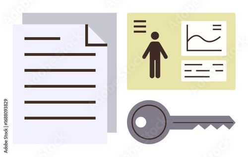 Paper sheet, ID card with user profile and key symbolize data security, identity verification, and access control. Ideal for authentication, privacy, digital identity, credentials, permissions