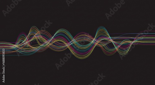 Vibrant Oscillations: Abstract Multicolored Waveforms on Black Background, Dynamic Energy